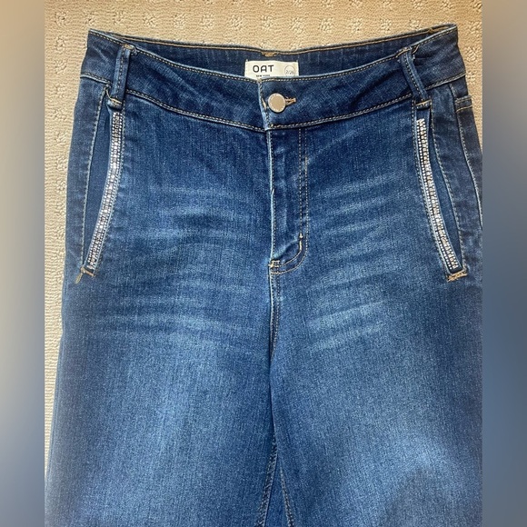 OAT New York High Rise Wide Leg Denim Trouser, Rhinestone Detail, Raw Hem, Sz 2 - Picture 5 of 16